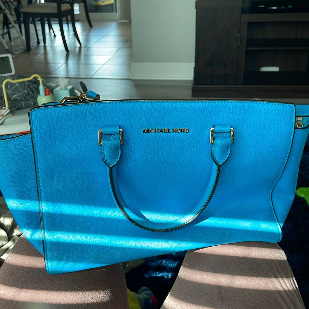 Michael Kors Selma LARGE Leather Bag Messenger Satchel Saffiano The Blue